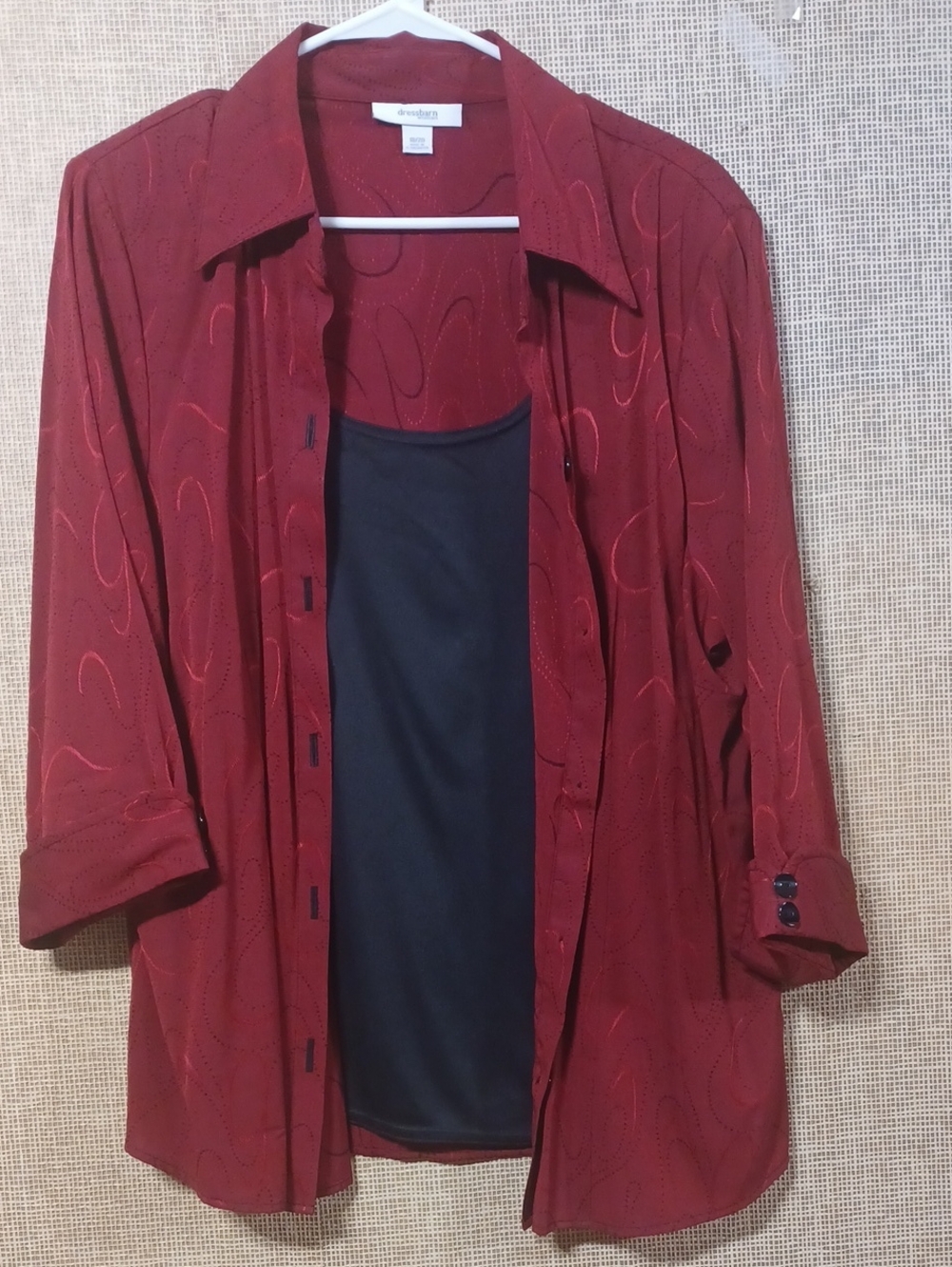 Dress Barn Brick Red Button-Front Shirt Jacket with Swirl Detail
